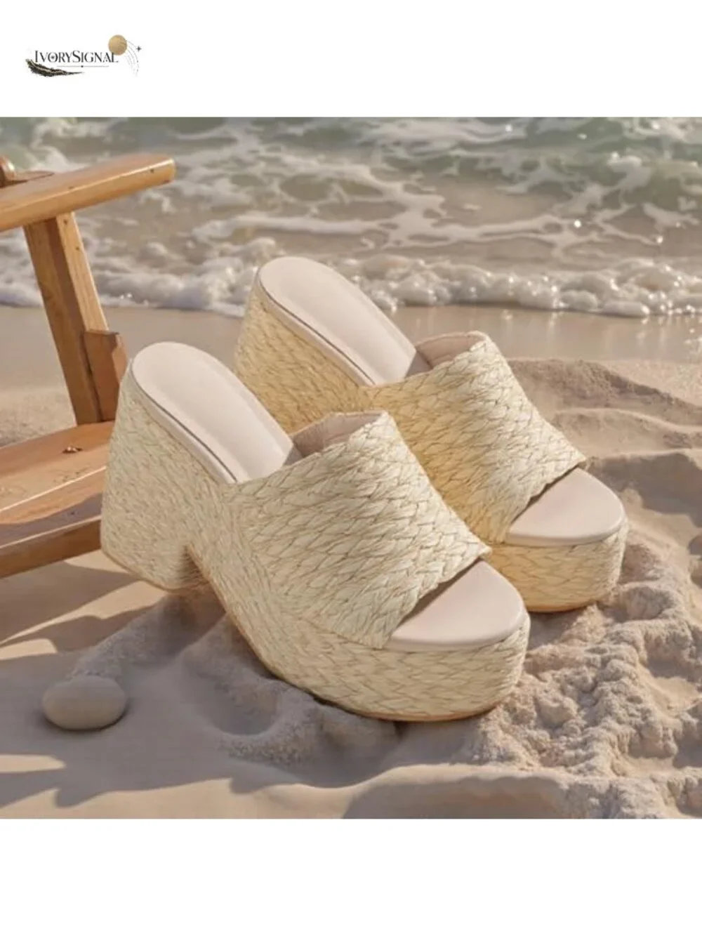 Raffia Wedge Sandals Open Toe Chunky Heeled Espadrilles Summer Boho Shoes